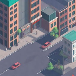 Create an image of a bustling city street from a front view in pixel art style