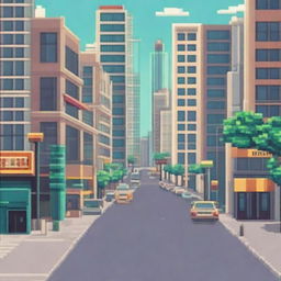 Create an image of a bustling city street from a front view in pixel art style