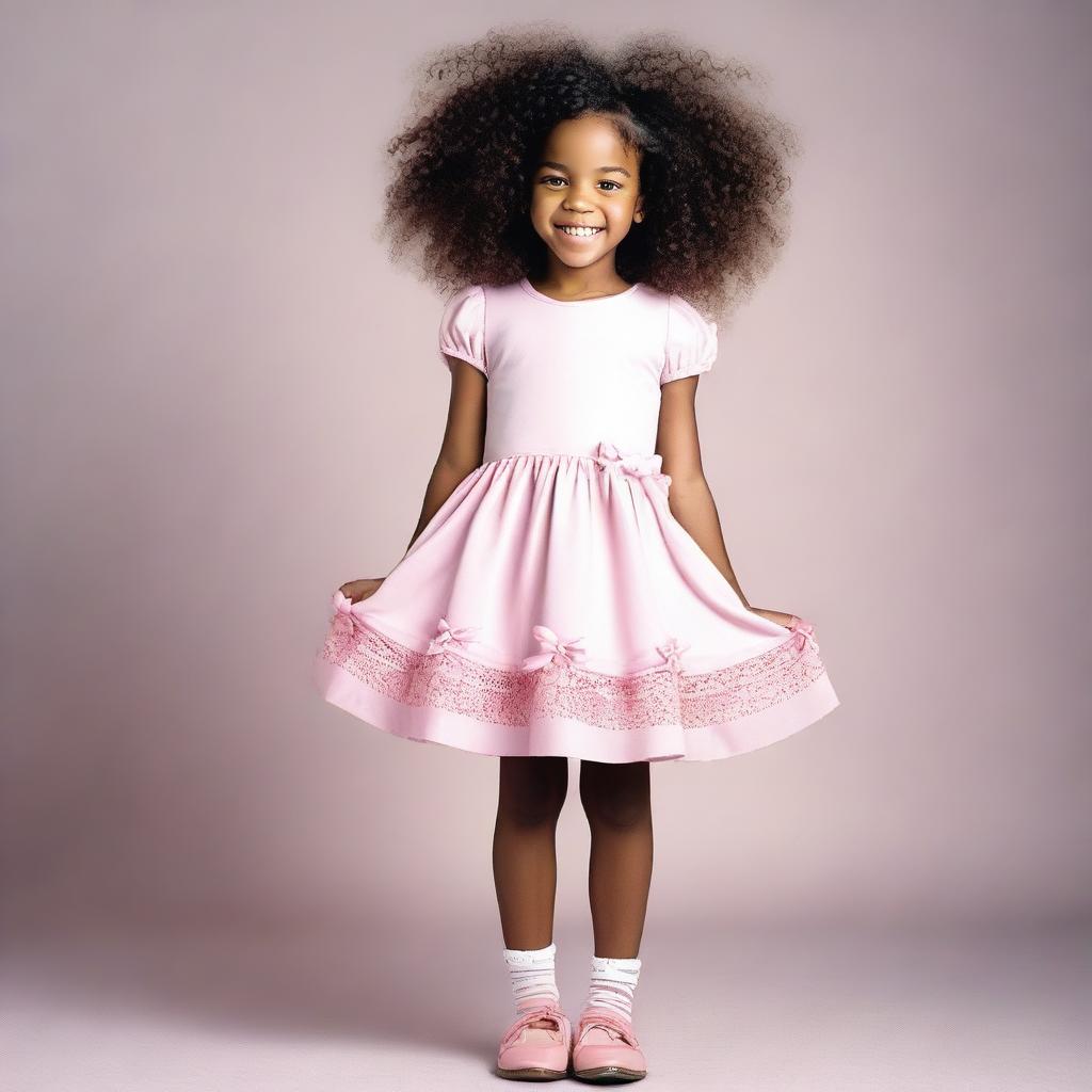 A picture of a little black girl about 7 years old with curly hair that has bows in it