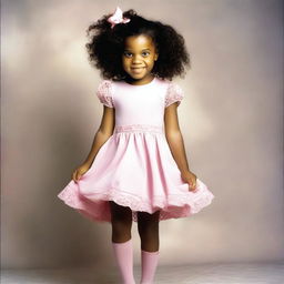 A picture of a little black girl about 7 years old with curly hair that has bows in it