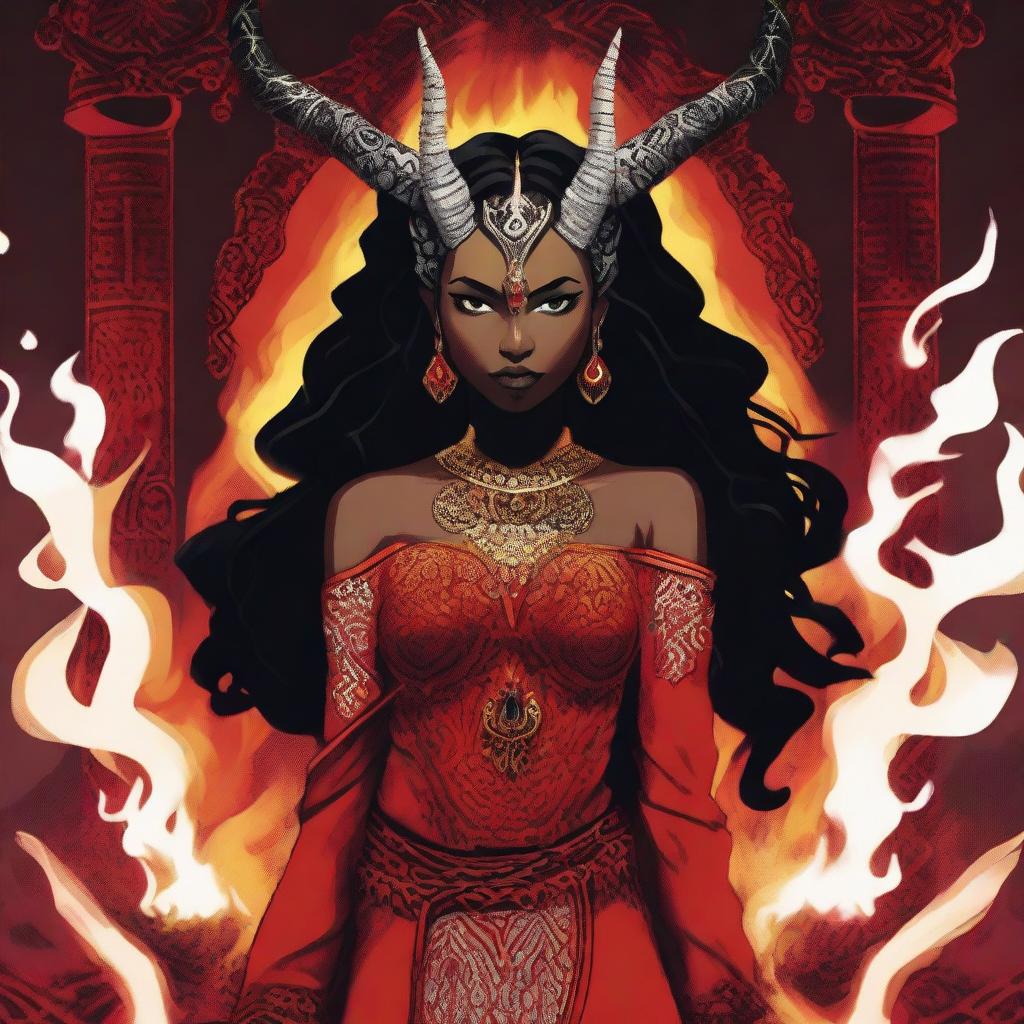 A woman dressed in red and black, with horns on her head, stands confidently next to a blazing fire