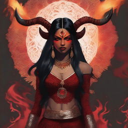 A woman dressed in red and black, with horns on her head, stands confidently next to a blazing fire