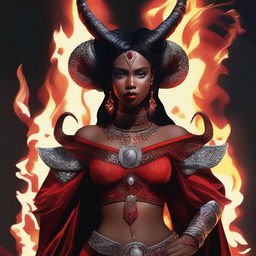 A woman dressed in red and black, with horns on her head, stands confidently next to a blazing fire