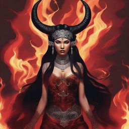 A woman dressed in red and black, with horns on her head, stands confidently next to a blazing fire