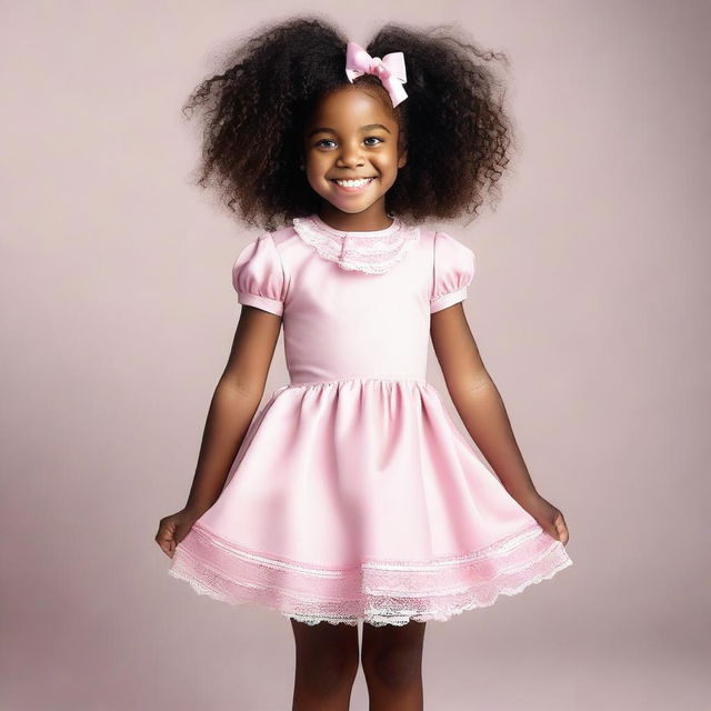 A picture of a little black girl about 7 years old with curly hair that has multiple bows in it