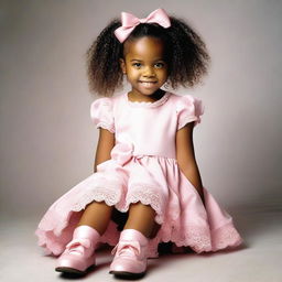 A picture of a little black girl about 7 years old with curly hair styled into braids, each adorned with multiple bows