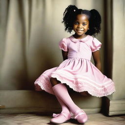 A picture of a little black girl about 7 years old with curly hair styled into braids, each adorned with multiple bows