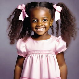 A picture of a little black girl about 7 years old with curly hair styled into braids, each adorned with multiple bows