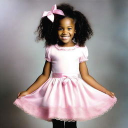 A picture of a little black girl about 7 years old with curly hair styled into braids, each adorned with multiple bows