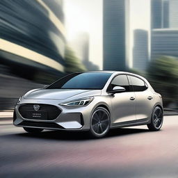 Design a sleek and modern small hot hatchback car with sporty features, aerodynamic lines, and a compact yet aggressive look