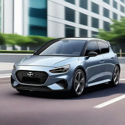 Design a sleek and modern small hot hatchback car with sporty features, aerodynamic lines, and a compact yet aggressive look