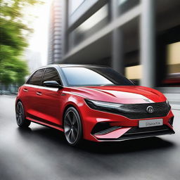 Design a sleek and modern small hot hatchback car with sporty features, aerodynamic lines, and a compact yet aggressive look