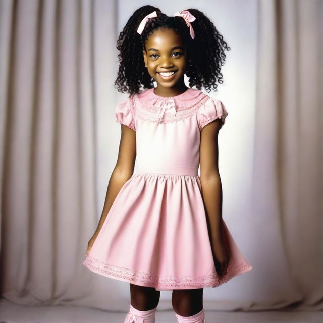 A picture of a black girl about 13 years old with curly hair styled into braids, each adorned with multiple bows