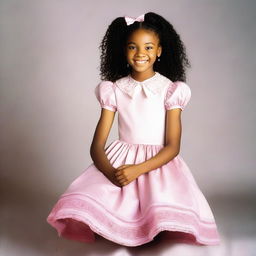 A picture of a black girl about 13 years old with curly hair styled into braids, each adorned with multiple bows