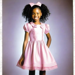 A picture of a black girl about 13 years old with curly hair styled into braids, each adorned with multiple bows