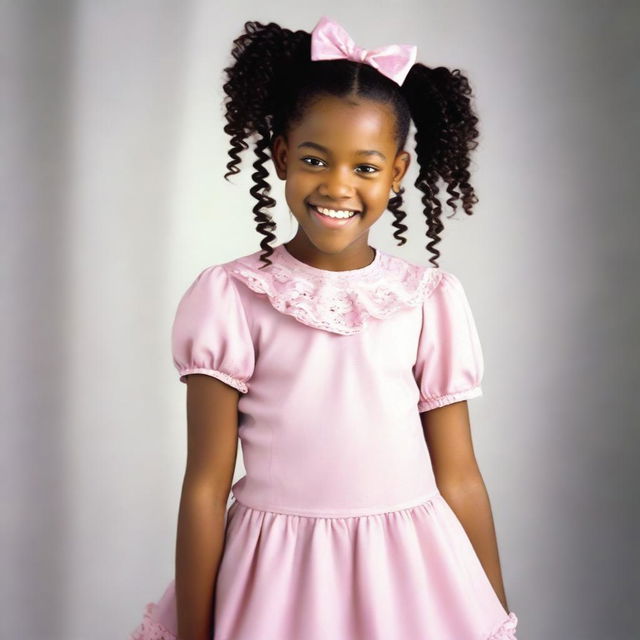 A picture of a black girl about 13 years old with curly hair styled into braids, each adorned with multiple bows