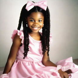 A picture of a black girl about 13 years old with curly hair styled into braids, each adorned with multiple bows