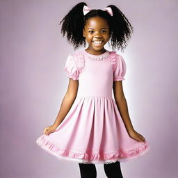 A picture of a black girl about 13 years old with curly hair styled into braids, each adorned with multiple bows