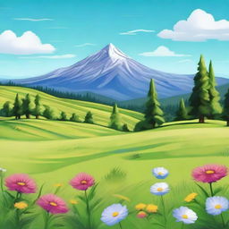 A serene landscape featuring a lush green meadow with colorful wildflowers, a clear blue sky with fluffy white clouds, and a distant mountain range