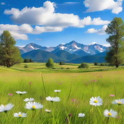 A serene landscape featuring a lush green meadow with colorful wildflowers, a clear blue sky with fluffy white clouds, and a distant mountain range