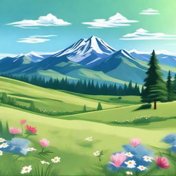 A serene landscape featuring a lush green meadow with colorful wildflowers, a clear blue sky with fluffy white clouds, and a distant mountain range