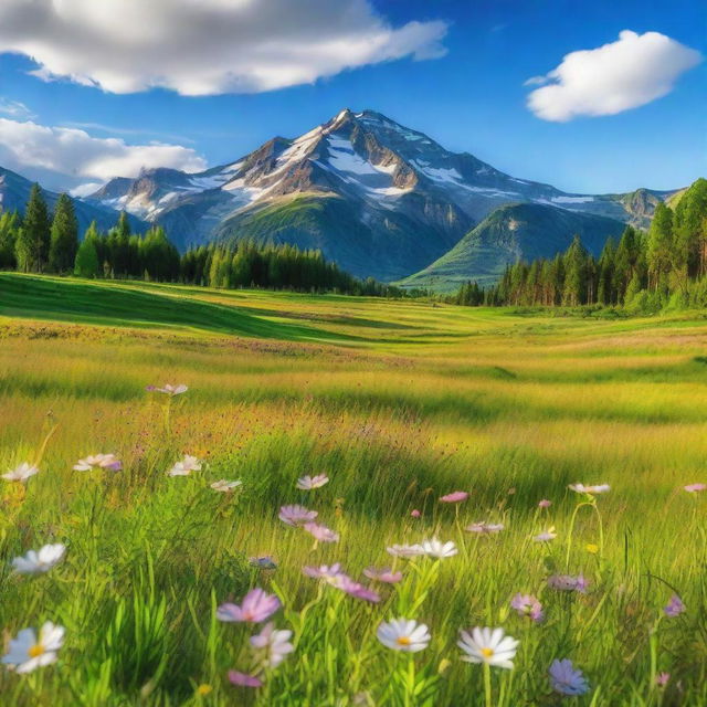 A serene landscape featuring a lush green meadow with colorful wildflowers, a clear blue sky with fluffy white clouds, and a distant mountain range