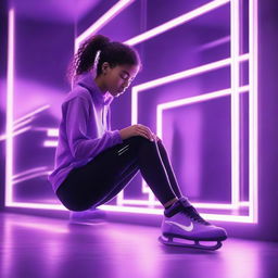 A young woman is looking into a mirror while wearing Nike Pro athletic wear and Nike Skates