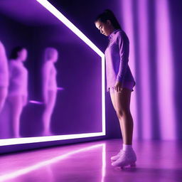 A young woman is looking into a mirror while wearing Nike Pro athletic wear and Nike Skates