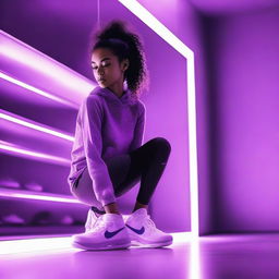 A young woman is looking into a mirror while wearing Nike Pro athletic wear and Nike Skates