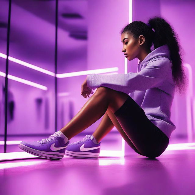 A young woman is looking into a mirror while wearing Nike Pro athletic wear and Nike Skates