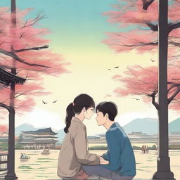 The cover features two main elements: in the center, a young couple in an intimate pose, perhaps looking at each other with expressions that mix love and uncertainty