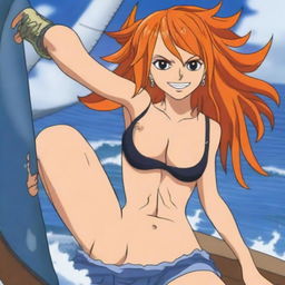 A detailed illustration of Nami from One Piece, showcasing her iconic orange hair, blue tattoo on her left shoulder, and her adventurous attire