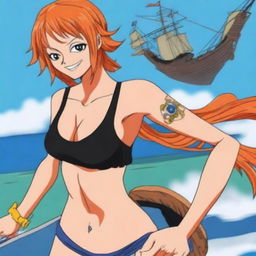 A detailed illustration of Nami from One Piece, showcasing her iconic orange hair, blue tattoo on her left shoulder, and her adventurous attire