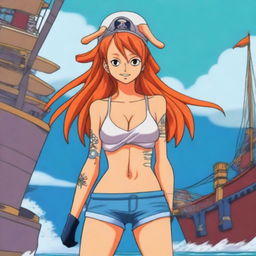 A detailed illustration of Nami from One Piece, showcasing her iconic orange hair, blue tattoo on her left shoulder, and her adventurous attire