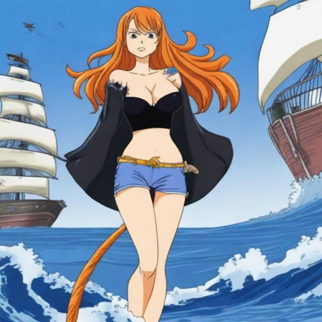 A detailed illustration of Nami from One Piece, showcasing her iconic orange hair, blue tattoo on her left shoulder, and her adventurous attire