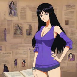 A detailed illustration of Nico Robin from One Piece, featuring her long black hair, signature purple outfit, and calm, intelligent demeanor