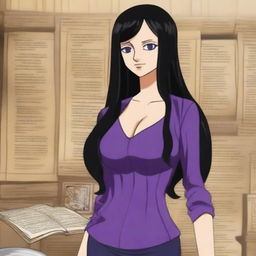 A detailed illustration of Nico Robin from One Piece, featuring her long black hair, signature purple outfit, and calm, intelligent demeanor