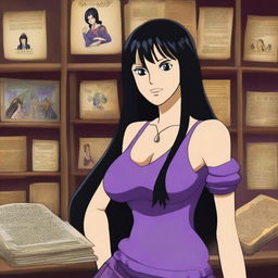 A detailed illustration of Nico Robin from One Piece, featuring her long black hair, signature purple outfit, and calm, intelligent demeanor