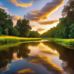 A stunning and beautiful scene featuring a serene landscape with vibrant colors, lush greenery, and a calm river flowing through