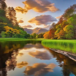 A stunning and beautiful scene featuring a serene landscape with vibrant colors, lush greenery, and a calm river flowing through