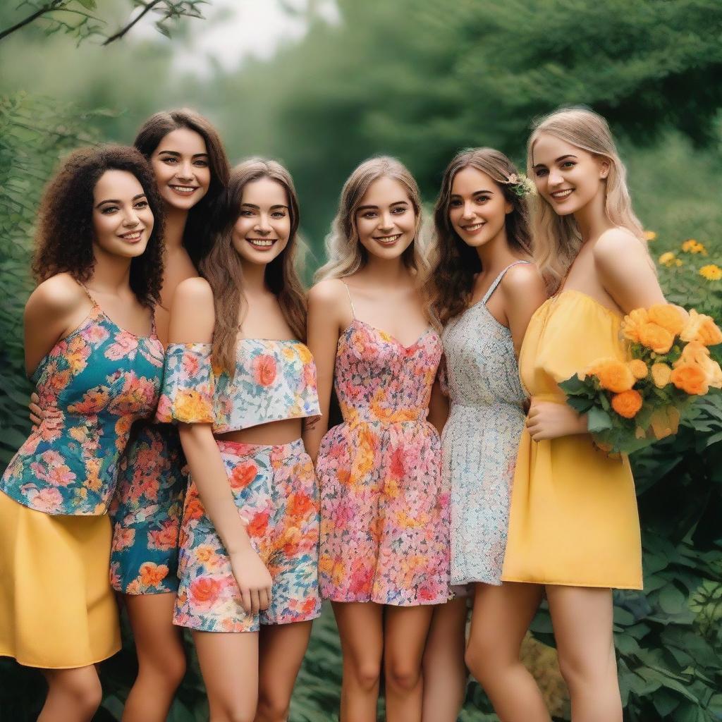 A group of beautiful girls standing together in a picturesque outdoor setting