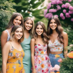 A group of beautiful girls standing together in a picturesque outdoor setting