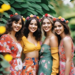 A group of beautiful girls standing together in a picturesque outdoor setting