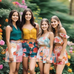 A group of beautiful girls standing together in a picturesque outdoor setting