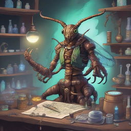 A detailed illustration of a Thri-Kreen artificer, a humanoid insect-like creature with four arms, crafting intricate magical devices