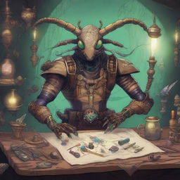 A detailed illustration of a Thri-Kreen artificer, a humanoid insect-like creature with four arms, crafting intricate magical devices