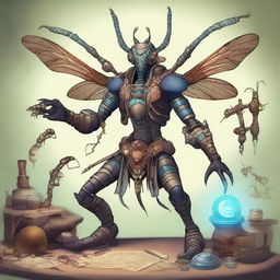 A detailed illustration of a Thri-Kreen artificer, a humanoid insect-like creature with four arms, crafting intricate magical devices