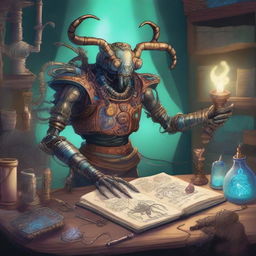 A detailed illustration of a Thri-Kreen artificer, a humanoid insect-like creature with four arms, crafting intricate magical devices