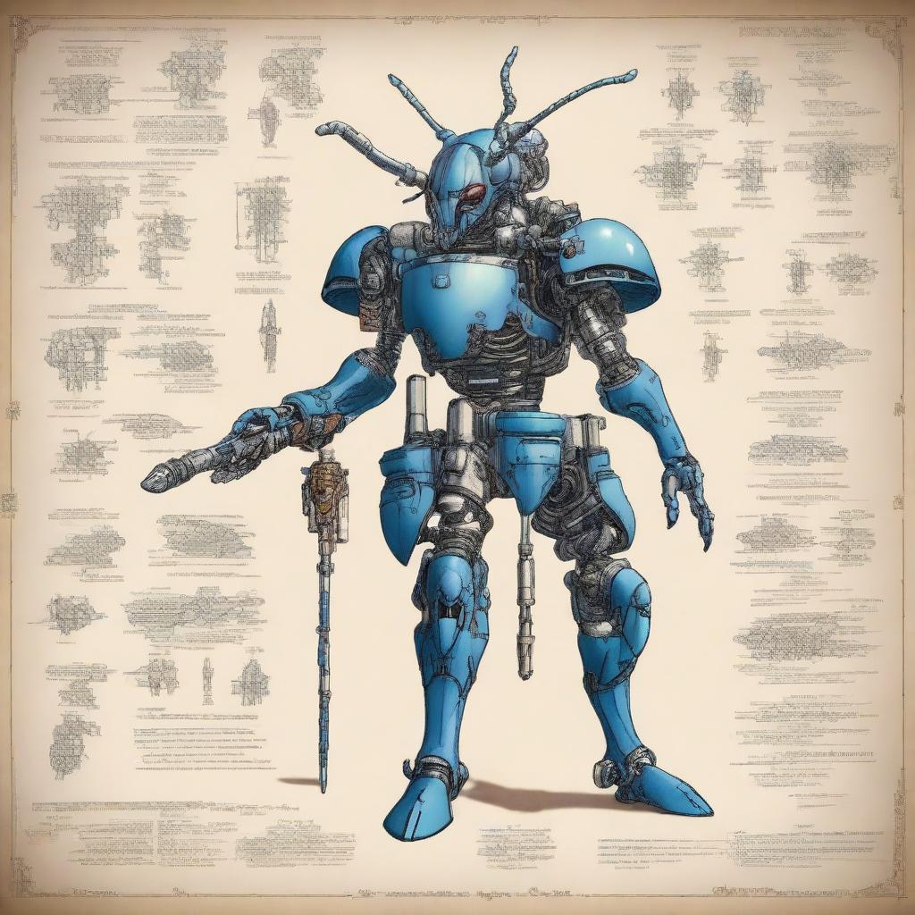 A detailed illustration of a Thri-Kreen artificer, a humanoid insect-like creature, wielding intricate firearms