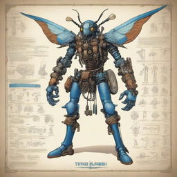 A detailed illustration of a Thri-Kreen artificer, a humanoid insect-like creature, wielding intricate firearms